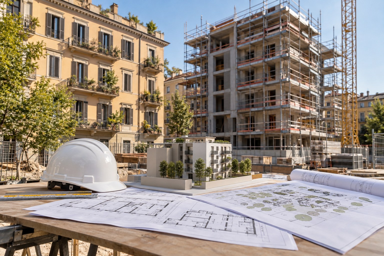 Immagine illustrativa di progettazione e sviluppo immobiliare: planimetrie, modello architettonico ed edificio in costruzione